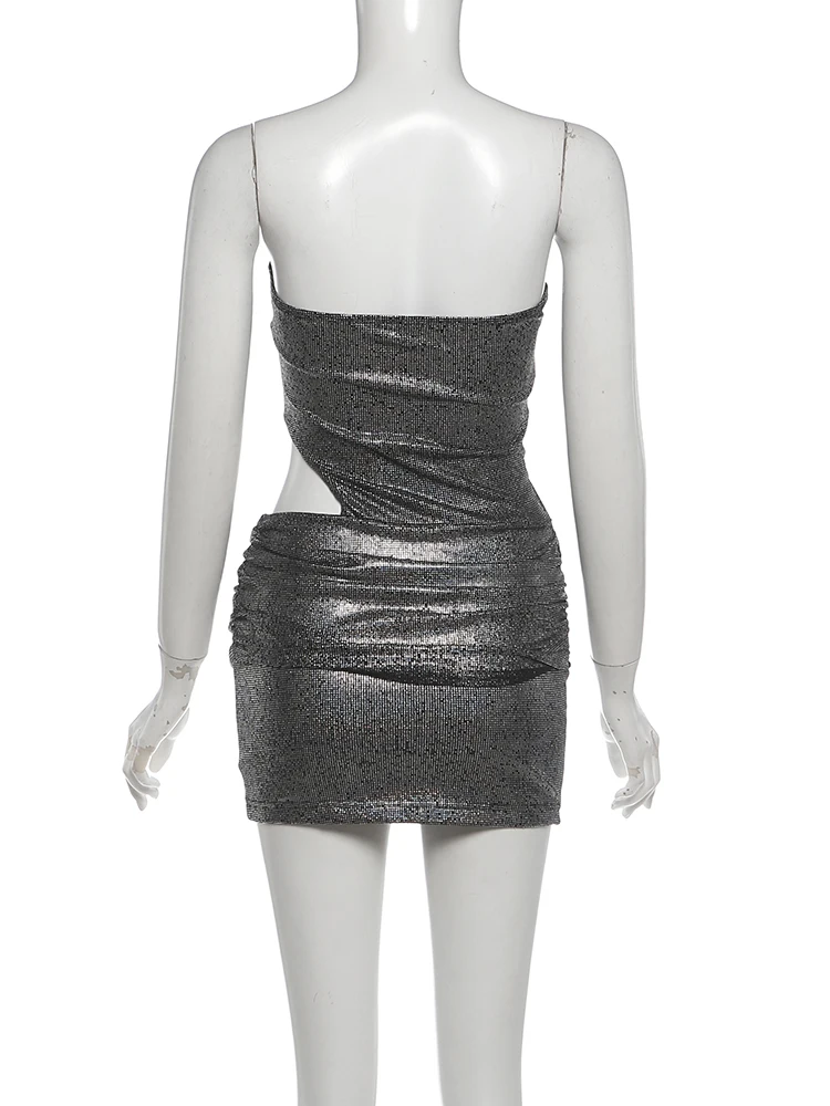 Weird Puss Rückenfreies Minikleid für Damen, Herbst-Trend, Ausgehöhltes Ärmelloses Pailletten-Patchwork-Midnight-Party-Pfirsichfarbenes Hüftbetontes Stretch-Bodycon-Kleid – Detail 9