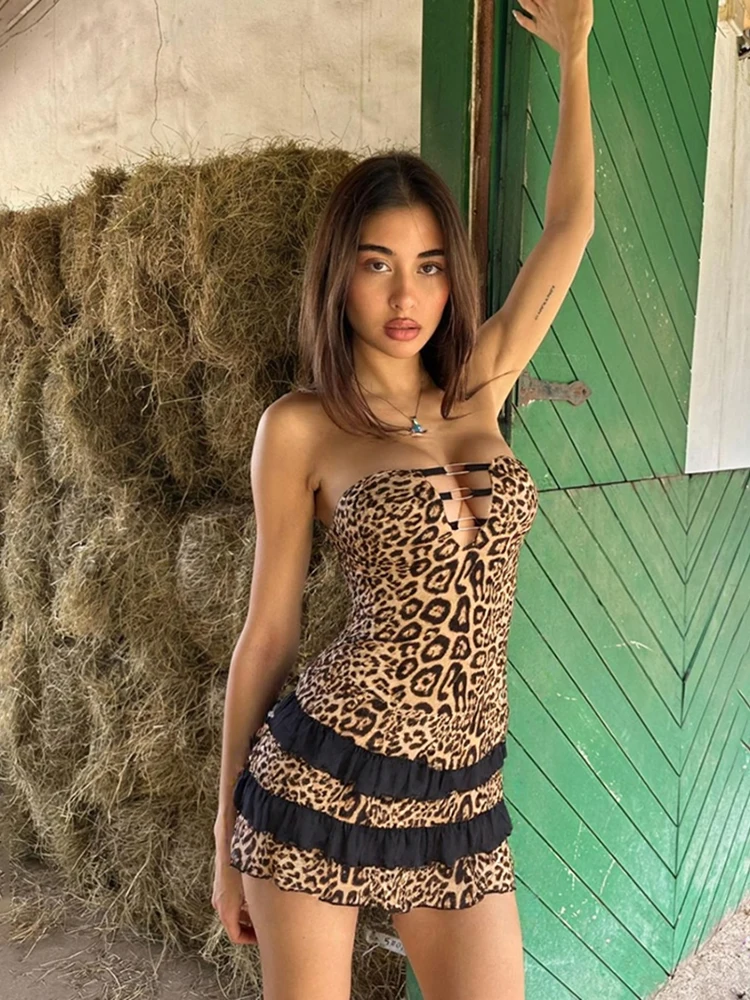 

Sisterlinda Leopard Print Dress Fashion Strapless Metal Connect Hollow Stacked Ruffle A-line Frock Mujer Sexy Popular Clubwear