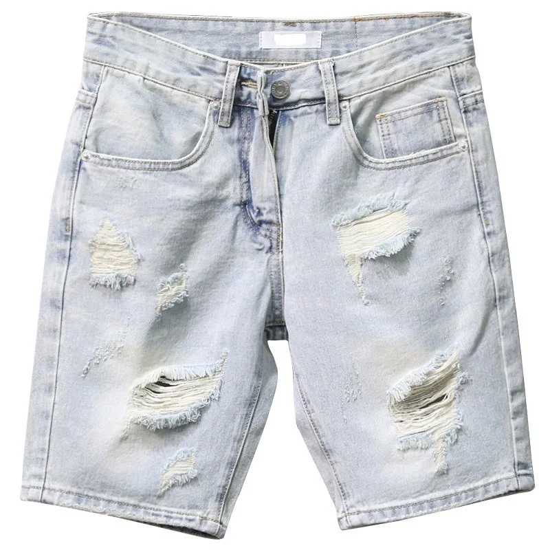 Men's Hole Distressed Denim Shorts For Summer Ripped Loose Five Points Mid-length Jeans Shorts view 5
