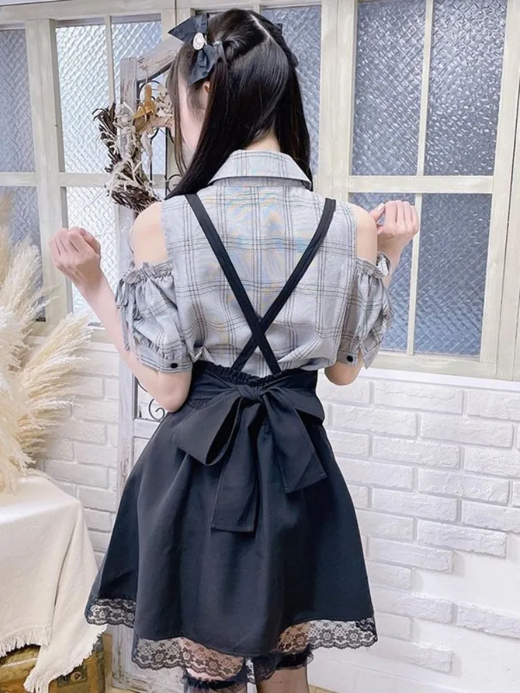 Japanese Kawaii Girl Sweet Cute Lolita Shirt Summer Y2k Aesthetic Plaid Hollow Out Blouse Tops Women JK Loose Bow Blusas Femme