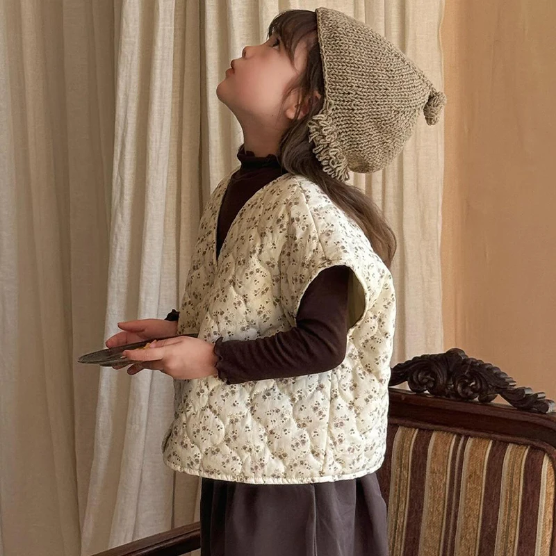 Girls Floral Vest Cardigan Double-Sided Wearable Autumn And Winter New Baby Girl Cotton Bat Sleeve Loose Quilted Jackets