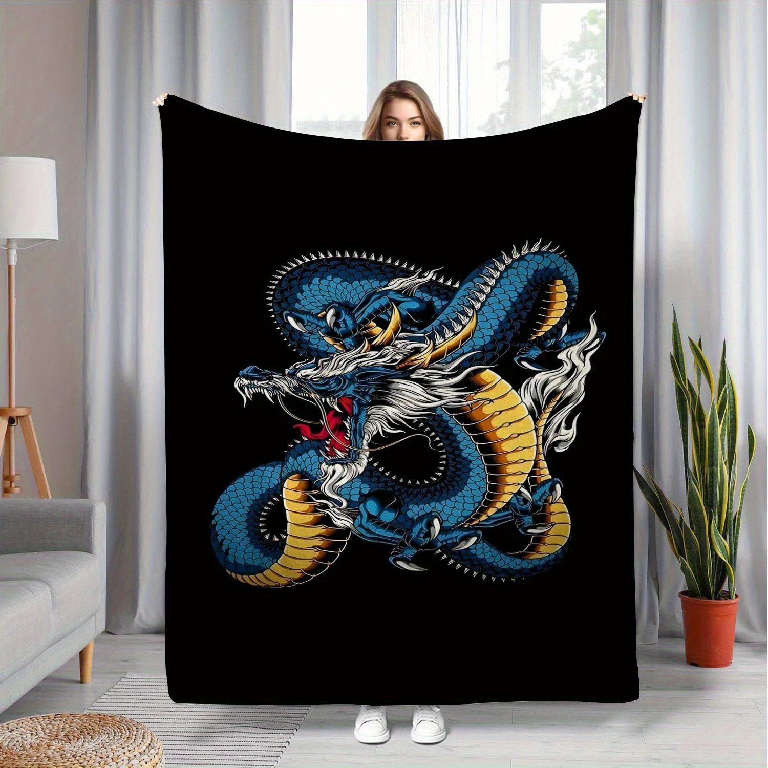 Cozy Dragon Print Flannel Throw Blanket - Soft Polyester, Lightweight & All-Season Comfort, Vibrant Blue & Golden Design, Perfec