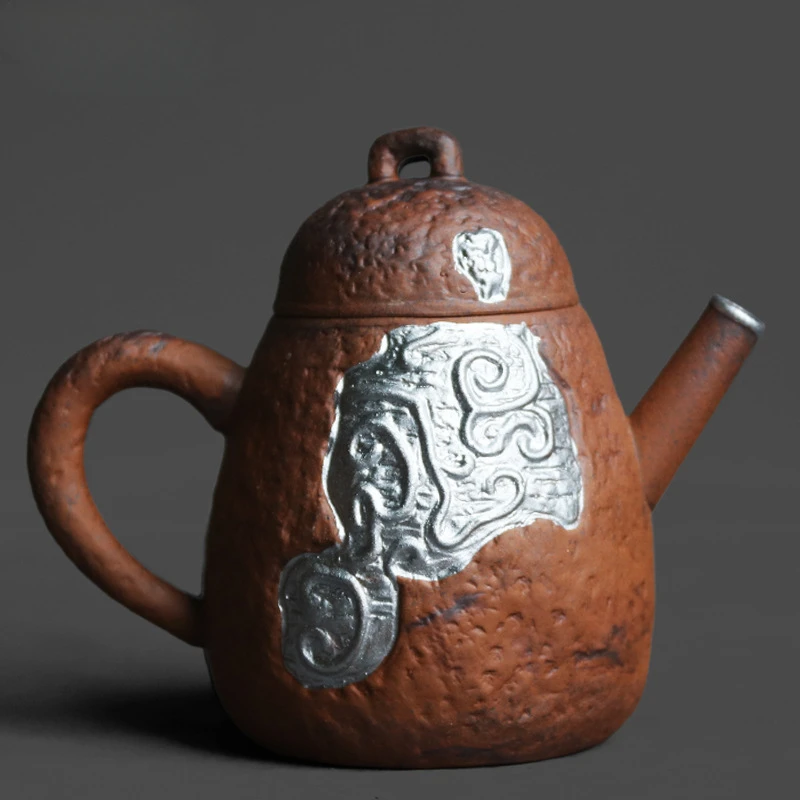 Hand-held Teapot in Rock-mined Clay with Embossed Stone Walls and Silver Tracery Chinese Zen Infused Teapot