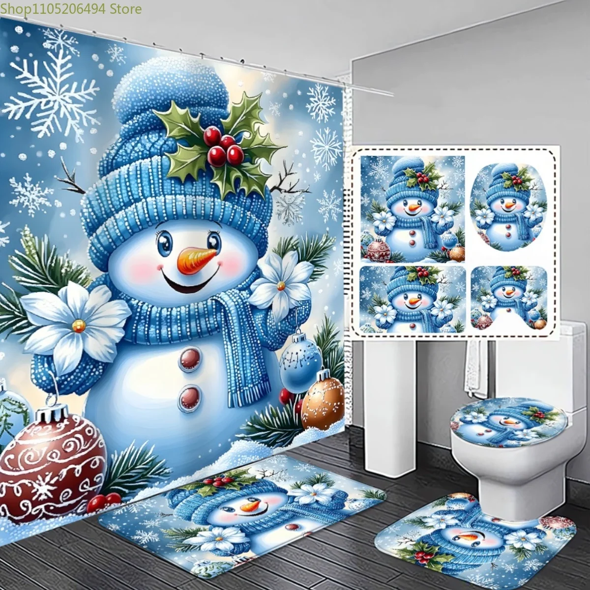 

1/3/4pcs. Cozy and Comfortable Christmas Snowman Bathroom Set | Durable Polyester Shower Curtain and Non-Slip, Blue Holiday De