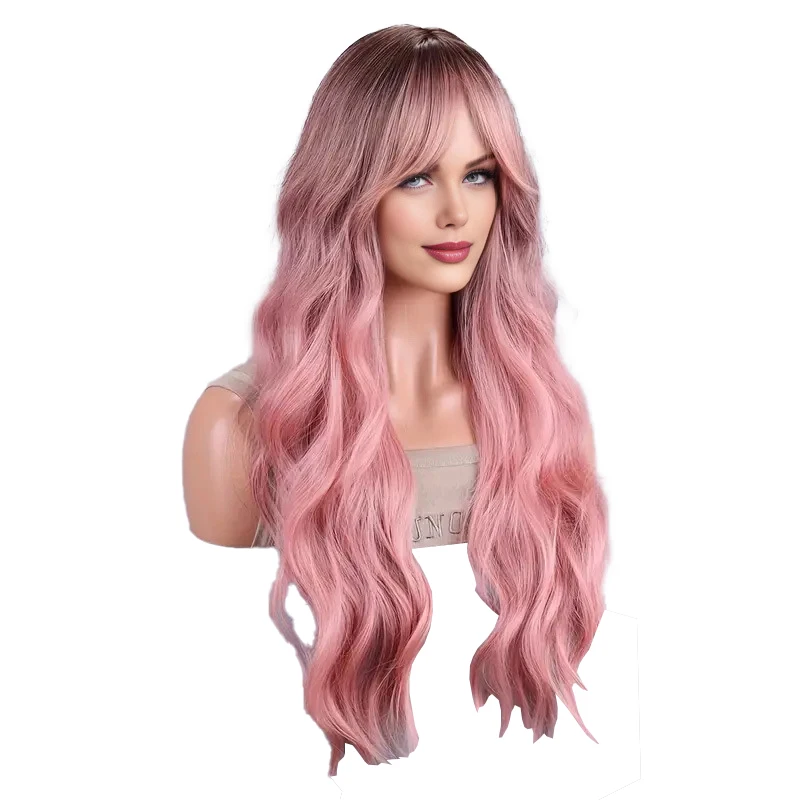 26-дюймовый градиентный розовый синтетический парик с волнистыми волосами средней части Лолита подходит для женских повседневных вечеринок и Хэллоуина.