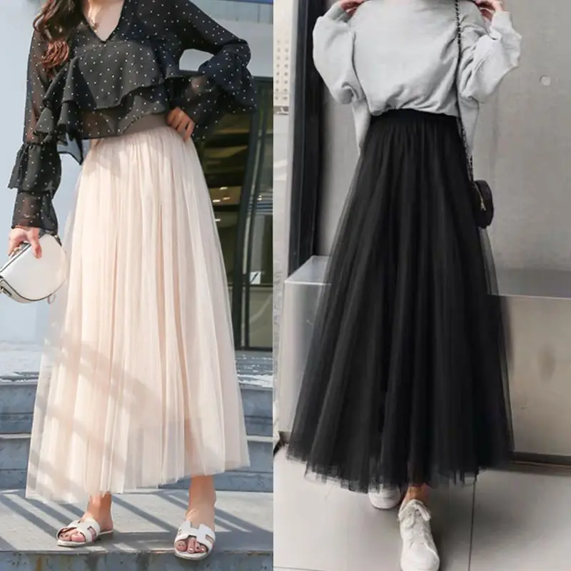 Maxi Long Tulle Skirt Elastic High Waist Beach Spring Summer Pleated Long Skirt Puff Skirts Princess Party Evening Dress Y2k