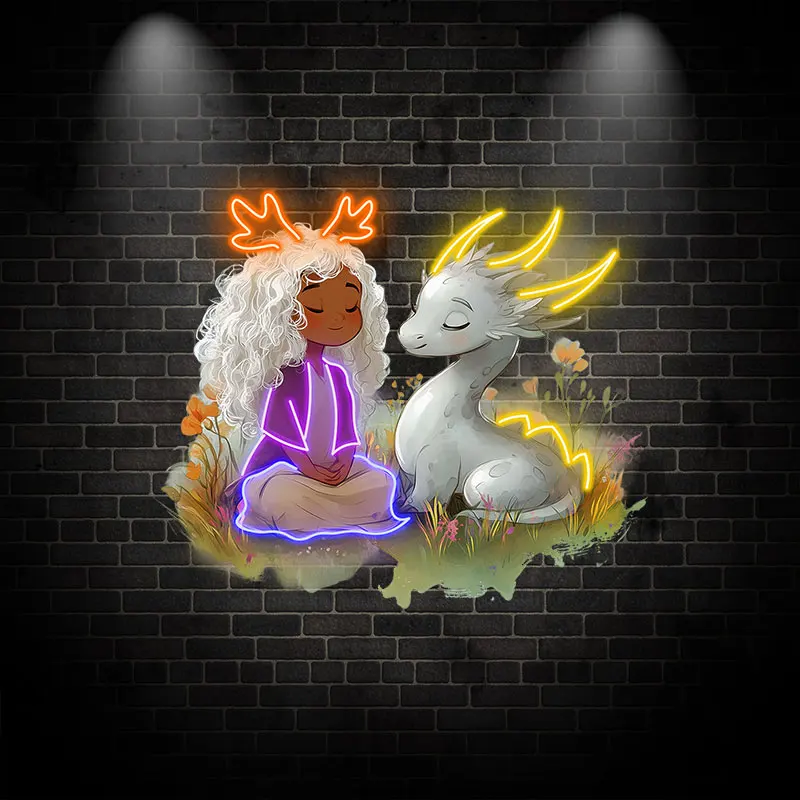 Enchanting Neon Light, Adorable Girl with Dragon Design for Home Decor, Perfect Gift for Kids, Fairy Tale Themed Night Light