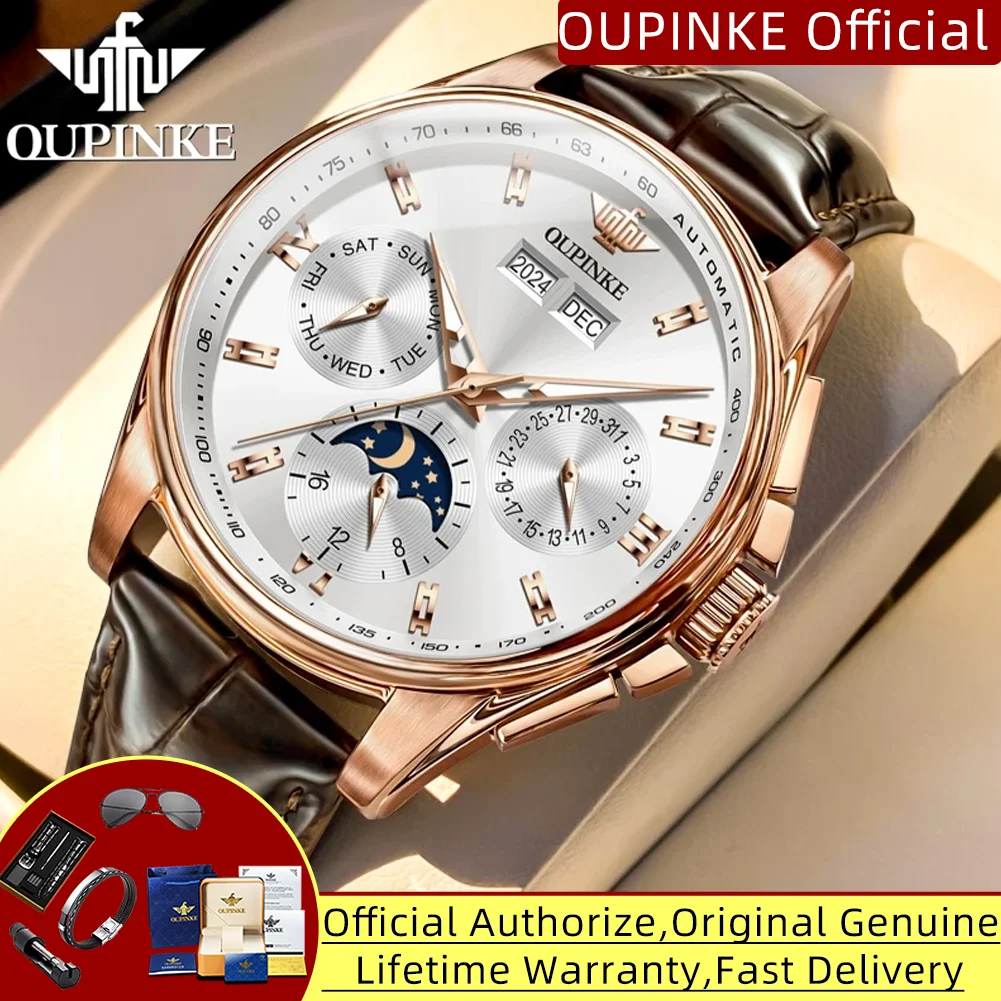 

Часы OUPINKE Мужские механические, роскошные брендовые автоматические водонепроницаемые наручные, с ремешком из натуральной кожи, с Лунной фазой