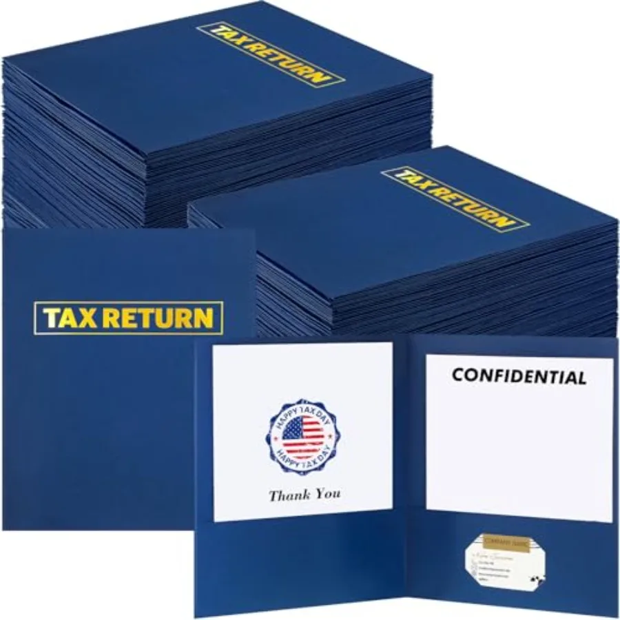 

50 Pcs Tax Return Folders Bulk - 11 x 8.5 Inch 2 Pocket with Gold Printed Label Folders for Business Office Professionals and P