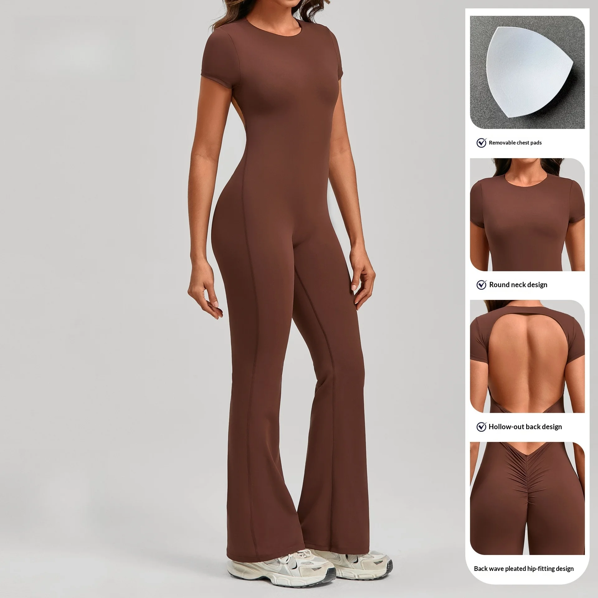 One Piece Yoga Bodysuit Deep Backless Nude Soft Fabric For Ladies Fitness Street Sport Flare Tight Leg Gym Unitard Outfit
