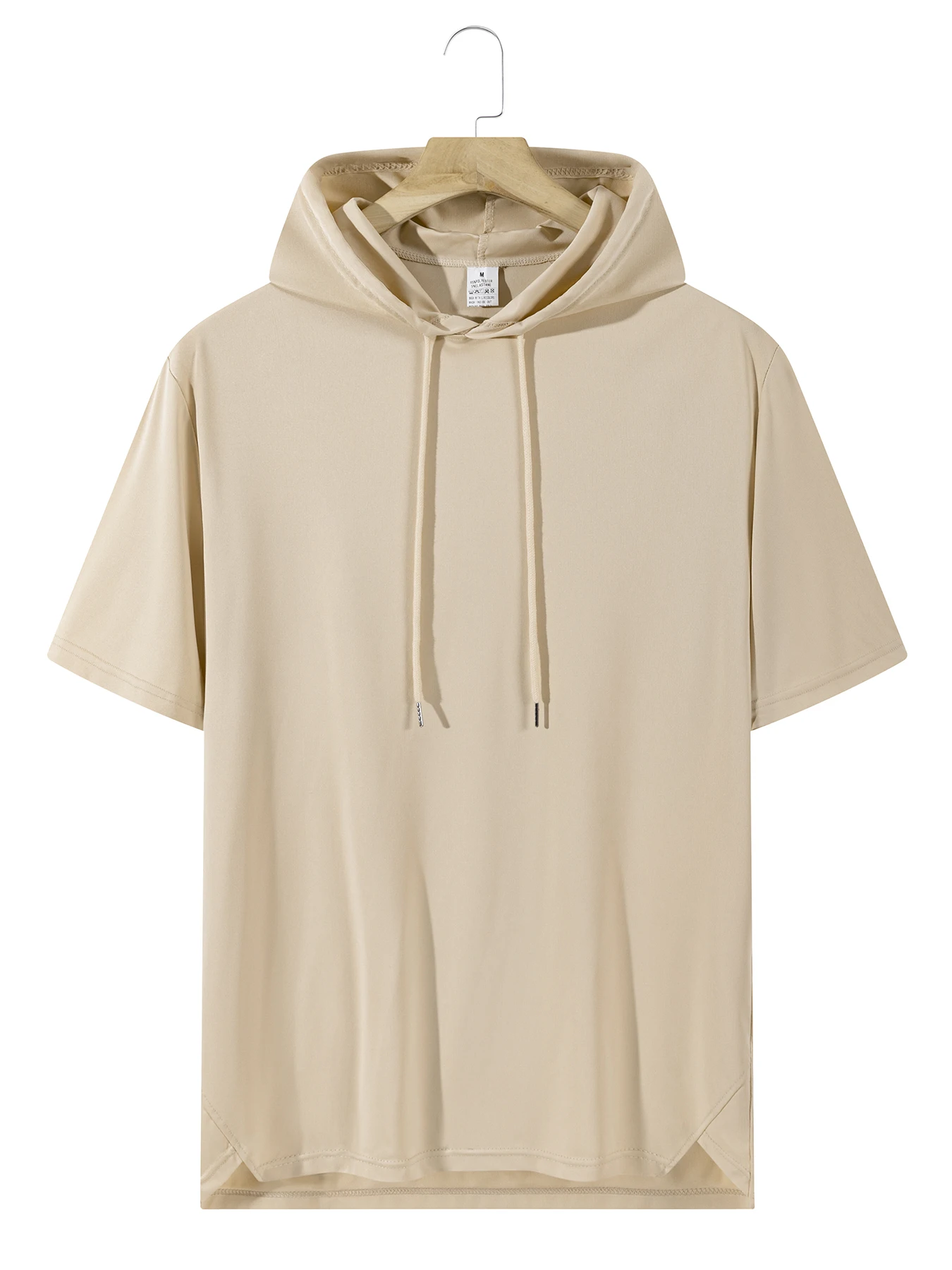 Men's Solid Color Drawstring Hooded Short Sleeve T-Shirt Casual Loose Split Irregular Hem Hoodie Tops For Daily Streetwear