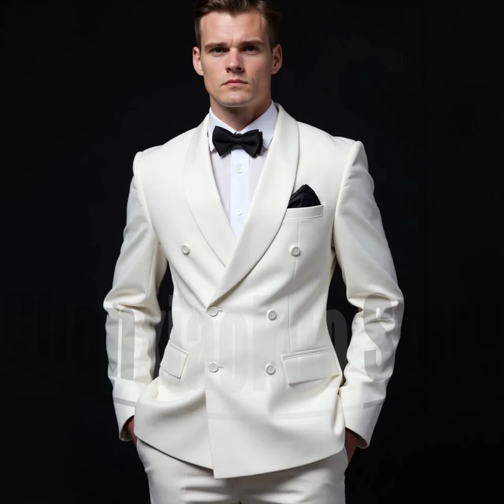 

Men's White Double Breasted Suit Set Formal Shawl Lapel Outfits for Wedding Groom Party Prom Solid Color Tuxedos 2 Piece