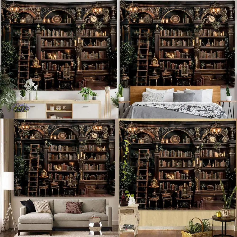 

Classic Bookshelf Tapestry - Vintage Library Style for Study Rooms, Dorms, and Living Spaces, 70x90