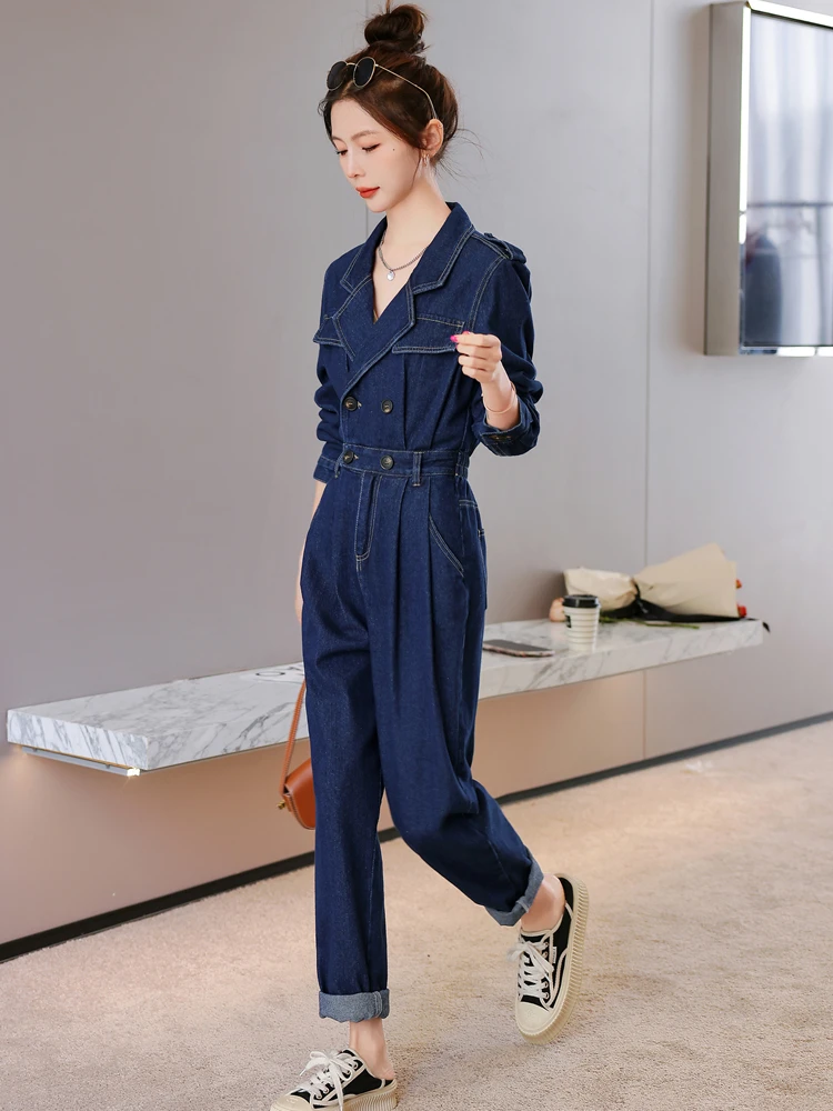 Eleganckie damskie ogrodniczki jeansowe z kołnierzykiem, wiosenno-jesienne, nowe, małe rozmiary, wysoka jakość, jednoczęściowe spodnie do pracy.