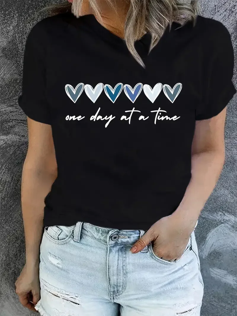 Y2k Short Sleeves Summer T-shirt One Day At A Time Print Tee Love Retro Fun Colorful T-shirt Fashion Summer Women's Casual New