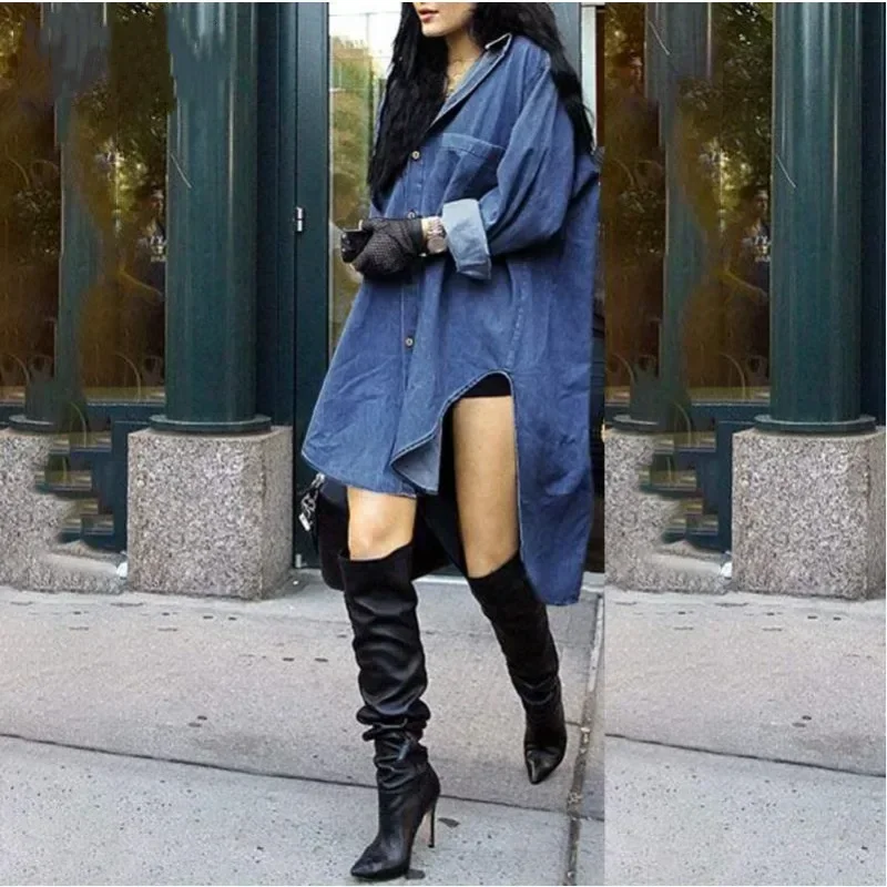 Женский повседневный свободный джинсовый топ с длинными рукавами и лацканами, однотонный свободный модный топ с нерегулярными боками и карманами на пуговицах, джинсовая куртка