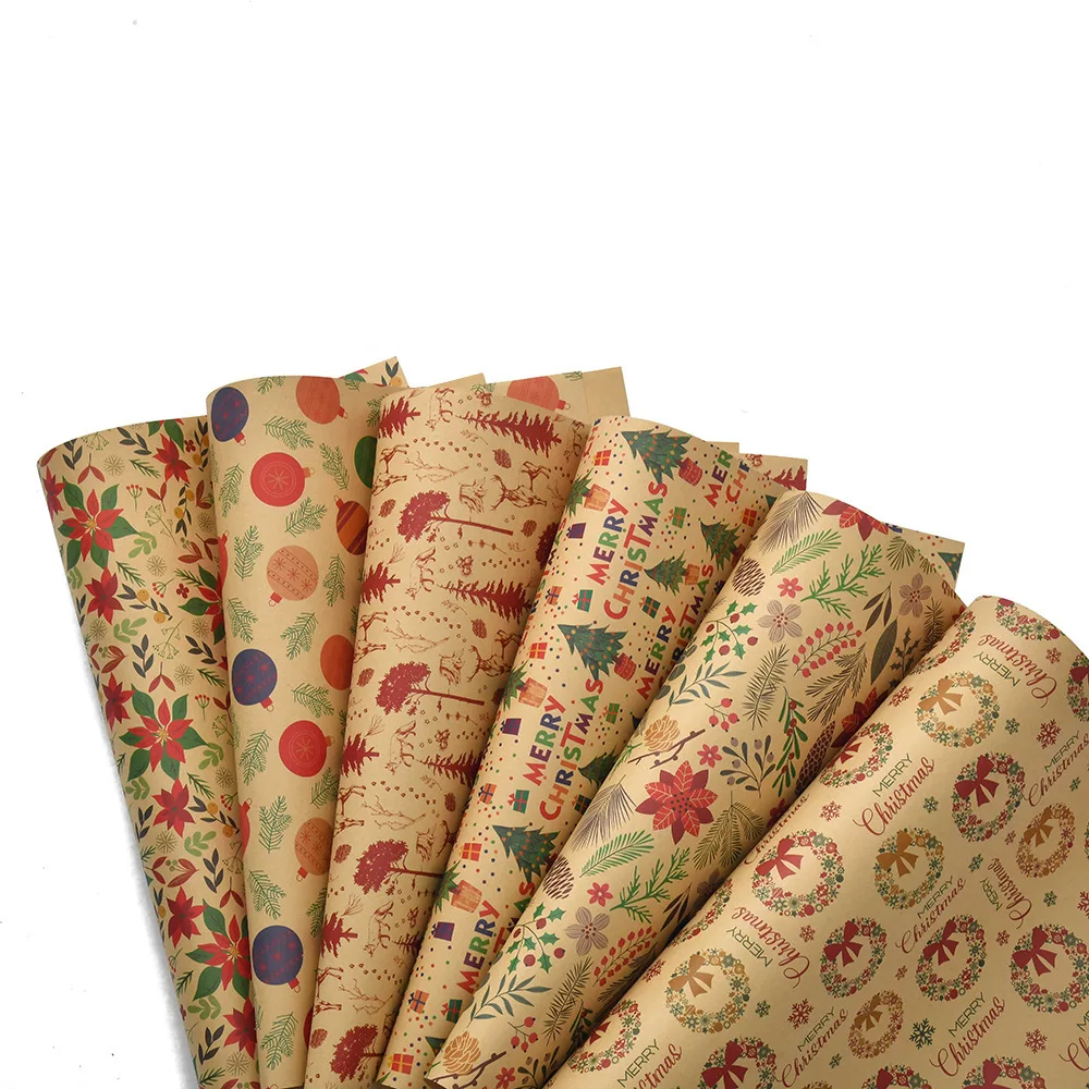 50x70cm 1 Roll Christmas Kraft Wrapping Paper Cute Reindeer Design Vintage Classic DIY Craft Paper for Xmas New Year Holiday