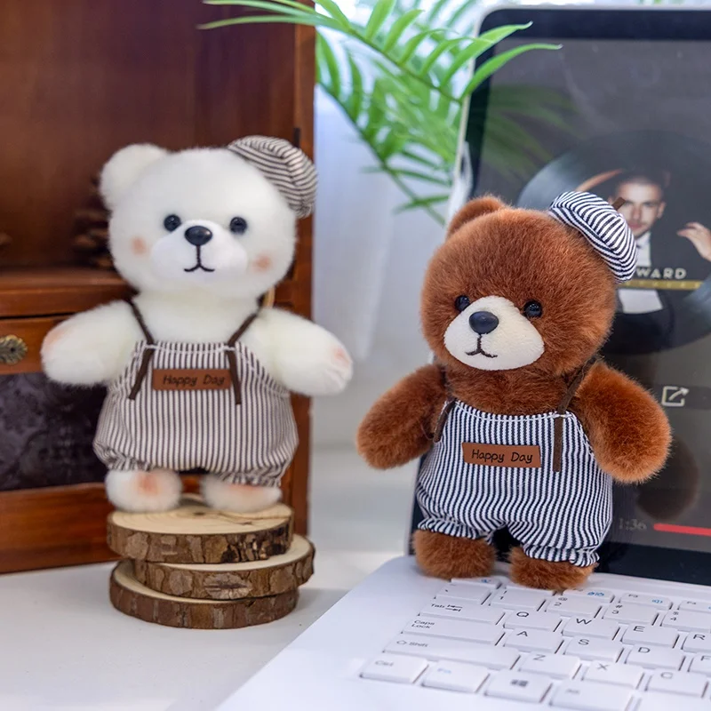 Mini Painter Bear Plush Keychain Retro Striped Overalls & Beret Design Soft PP Cotton Stuffed Doll Cute Bag Charm Gift for Kids