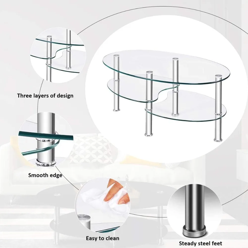 Oval Glass Coffee Table Glass Tabletop Cocktail Table with Silver Wood Legs, 3 Tier Storage Shelf Modern Tea Coffee Table Side