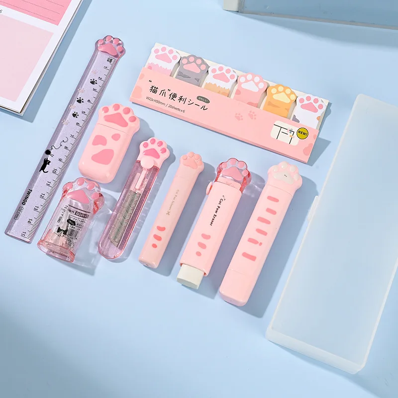 9Pcs Cat Paw Stationery Set Kawaii Cat Claw Pen Box Pencil Sharpener Correction Tape Glue Eraser Ruler Sticky Notes Scissors Set