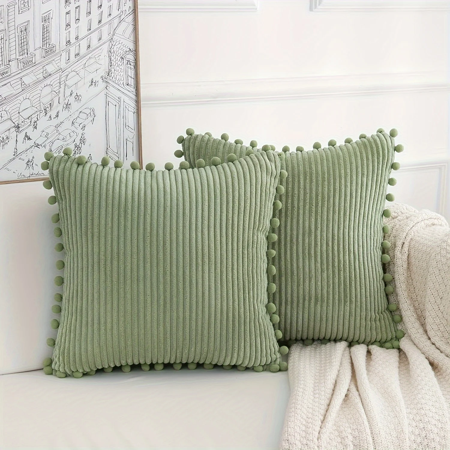 Green Solid Corduroy Cushion Cover, Living Room Sofa Bedroom Fur Ball Pom Pillow  Corduroy Strip Fur Ball 45x45CM Pillow Cover