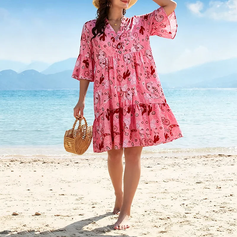 Übergrößes Bedrucktes Knopfkleid mit Rüschen Mehrlagiges Bohemian-Style Kleid mit Taillenschnürung Strandkleid Knielang Damenkleid – Detail 3