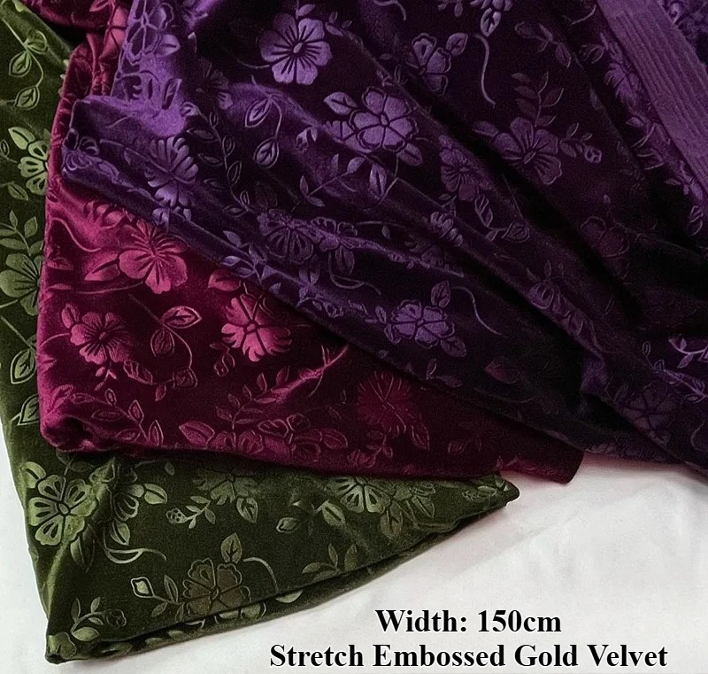 Sewing Garment - Embossed Stretch Gold Velvet Fabric Military