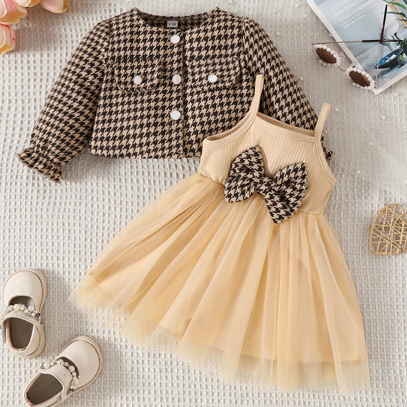 2Piece Sets Spring Autumn Infant Girl Clothes Fashion Plaid Coat+Bow Mesh Sleeveless Princess Dress Baby Boutique Clothing BC036