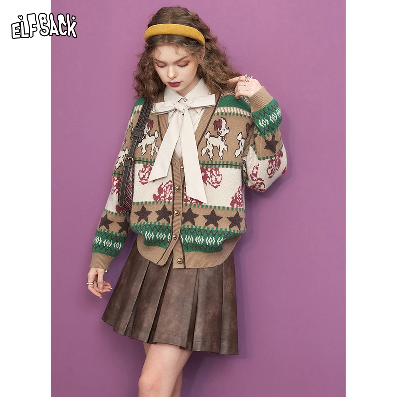 

ELFSACK Cartoon Stripted Knitwears Woman 2023 Autumn/Winter Loose Long Sleeve Casual Outwears