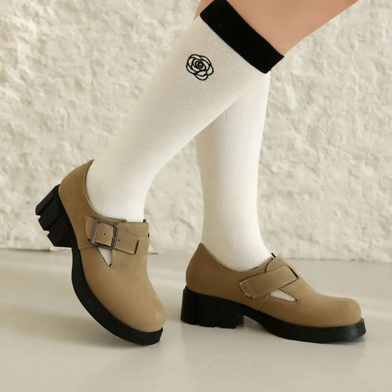 

ORCHA LISA Classic Women's Pumps Round Toe Block Heel Buckle Strap Flock Suede Yellow Casual Daily Spring Summer Big Size