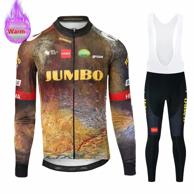 Jumbo Team Winter Long Sleeve Thermal Fleece Cycling Jersey Set Bib Pants Ropa Ciclismo Bicycle Clothing MTB Bike Jersey Uniform