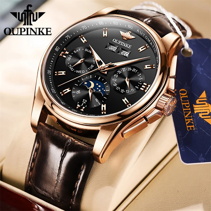 OUPINKE Top Brand Automatic Mechanical Male Wristwatch Multifunction Dial Leather Strap Lumionous Men Watch Relogios Masculino