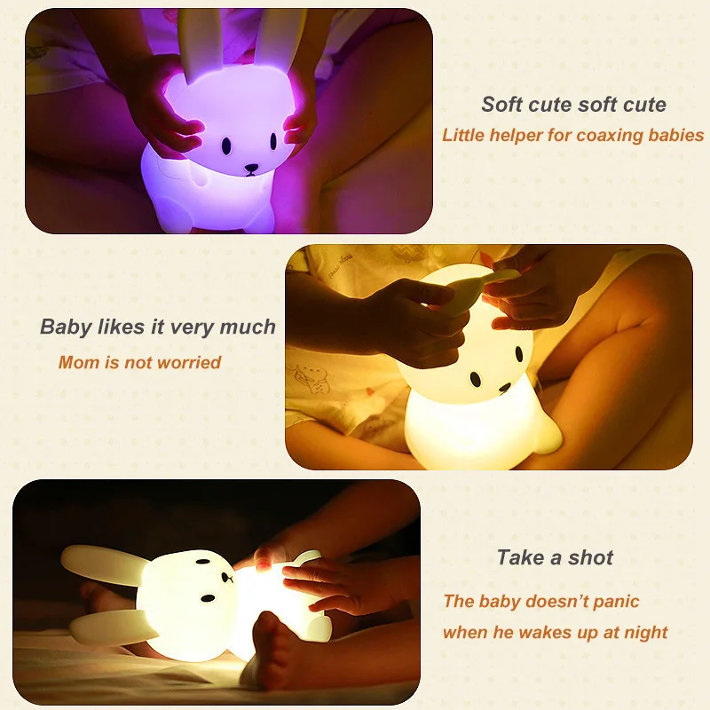 LED Touch-Sensitive Rabbit Night Light, Silicone Rabbit Light, Decoração do quarto, Lâmpada animal bonito, Decoração do quarto, Presente das crianças