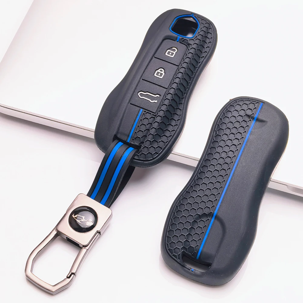 Silicone Car Key Fob Cover For Porsche 911 Cayenne Panamera Macan Taycan 718 Boxster Cayman with clasp holder Secure Grip