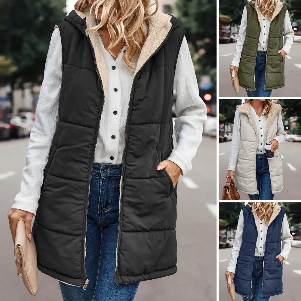 Autumn Winter Women's Fleece Vest Cotton Coat Hooded Solid Color Sleeveless Zipper Streetwear Mid-Length Jackets Tops