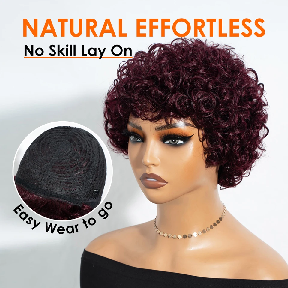 Debut Short Pixie Afro Kinky Curly Wigs for Black Women Glueless Natural Brown Bob Wig With Bangs Brazilian Human Hair Wigs - Image 2