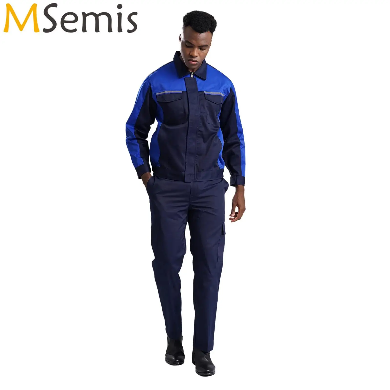 Adult Mechanics Work Outfit Long Sleeve Coat And Pants Set Workshop Uniforms Multi-pocket Reflective Strips Dustproof Work Suit