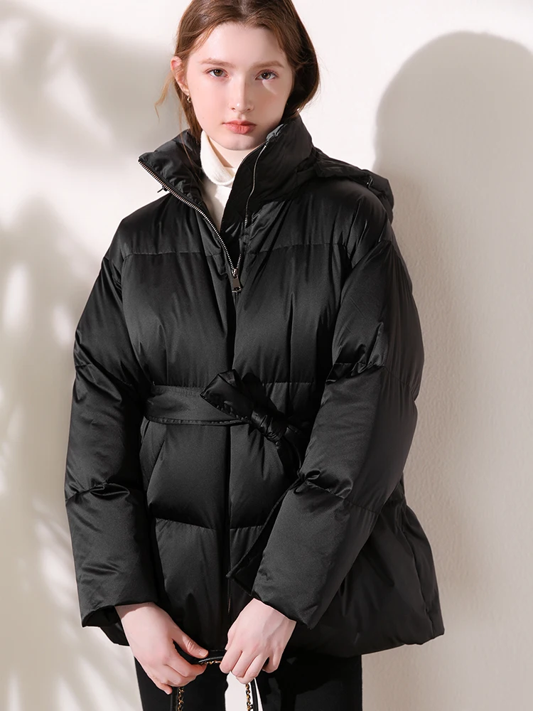 Women's belt puffy short down jacket hooded fashionable classic Down coat