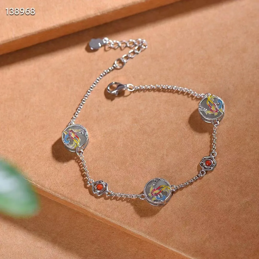 

Natural open 925 sterling silver phoenix bracelet inlaid white hetian jade round perament ladies jewelry bangles Ladies' Gift