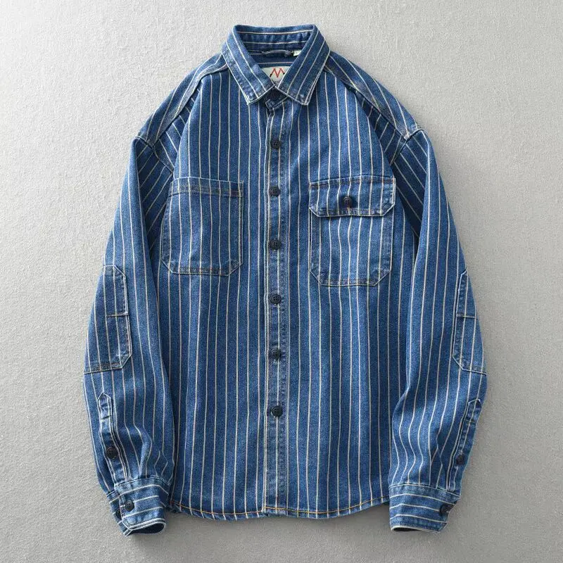 Mcikkny Men Vintage Cargo Shirts Striped Loose Washed Button Up Blouse