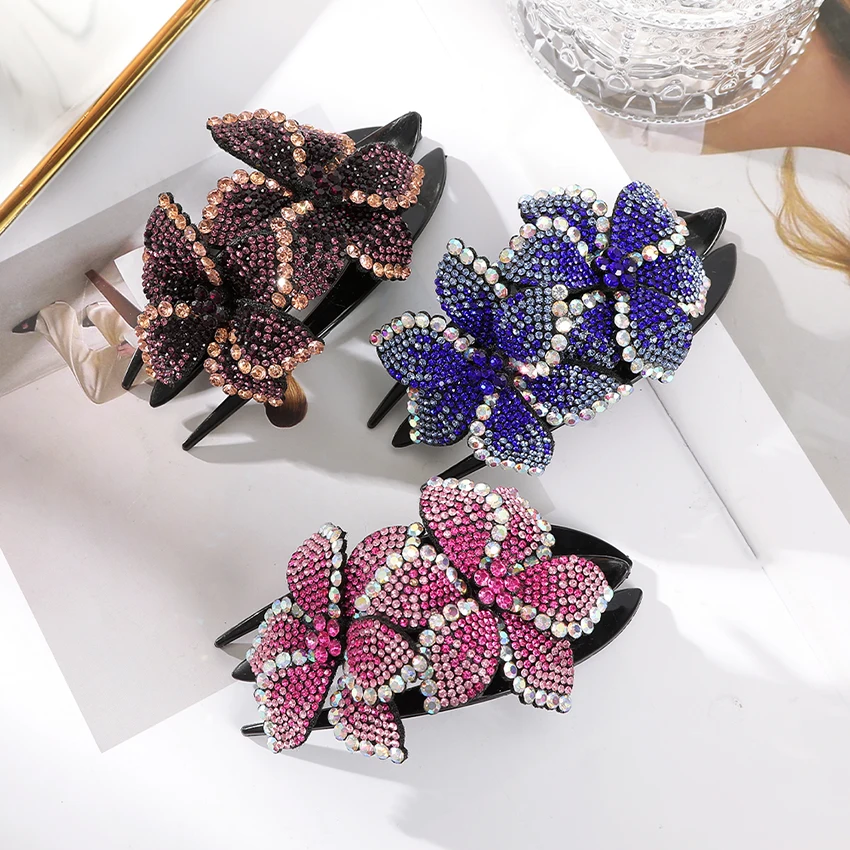 Elegant Rhinestone Women\'s Duckbill Hair Clip Retro Headgear Plastic Barrette Claw Clip Crystal Flowers Hairpin Hair Accessories