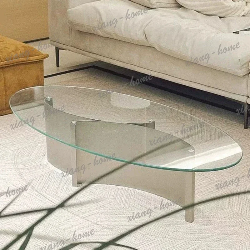 LJY Sleek Oval Tempered Glass Coffee Table with Polished Stainless Steel Frame Modern Living Room Furniture for Small Spaces
