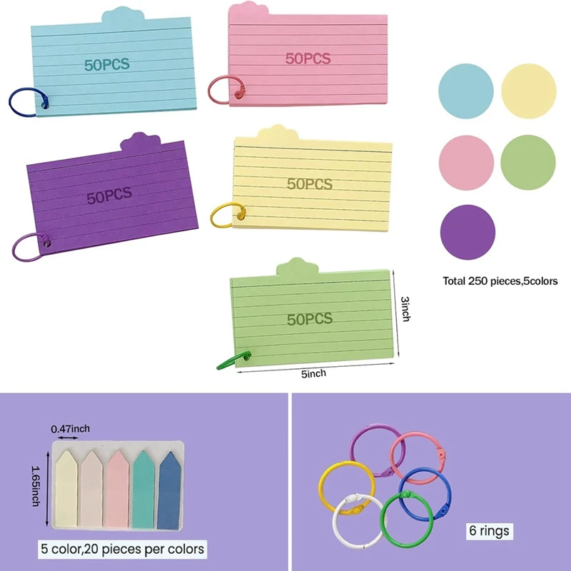 250 قطعة بطاقات الفهرس بطاقة فلاش مع 3X5 ، بطاقة ملونة مع بطاقات ملاحظة مؤشر مسطرة حلقة للمكتب والمدرسة