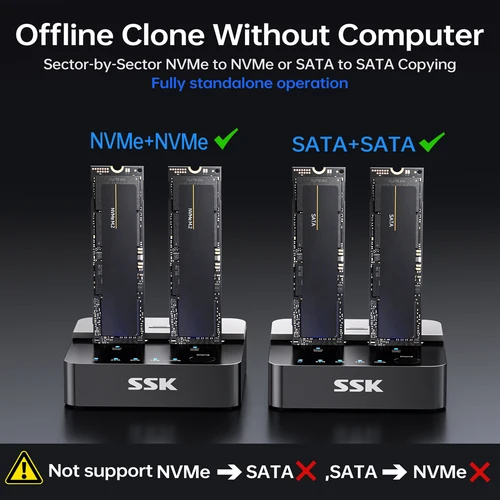 Imagen 2 del producto Estación de Acoplamiento SSK NVMe SSD con Clonador de Doble Bahía M.2 NVMe SATA, Carcasa Tipo-C para SSD, Compatible con Clonación Offline para Carcasas M.2