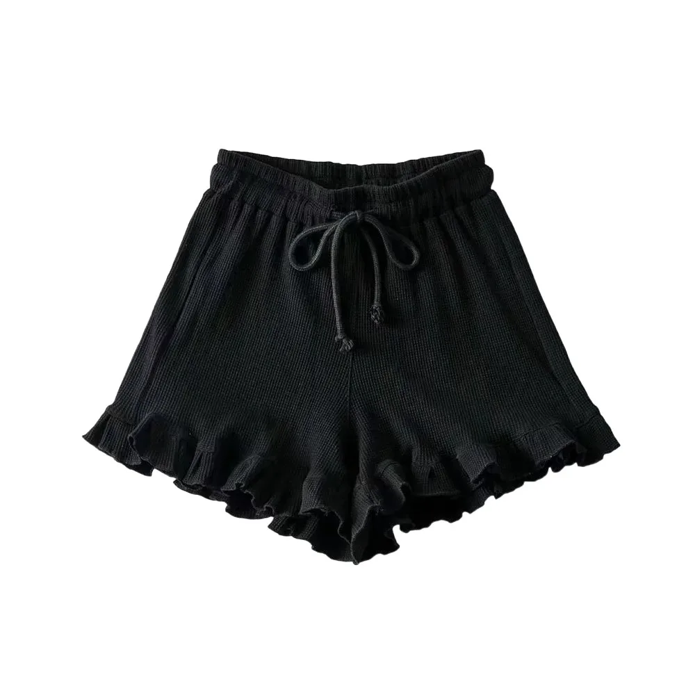 Simple Lace Up Drawstring Shorts Women High Waist Large Size Sweet Ruffled Shorts Loose Ins Style Wide Leg Short Pants Girl