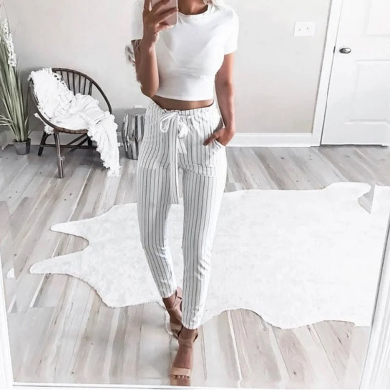 Pantalones de vendaje para mujer, pantalón Harem de cintura alta con lazo, cintura elástica a rayas, estilo informal, Harajuku, verano, 2024