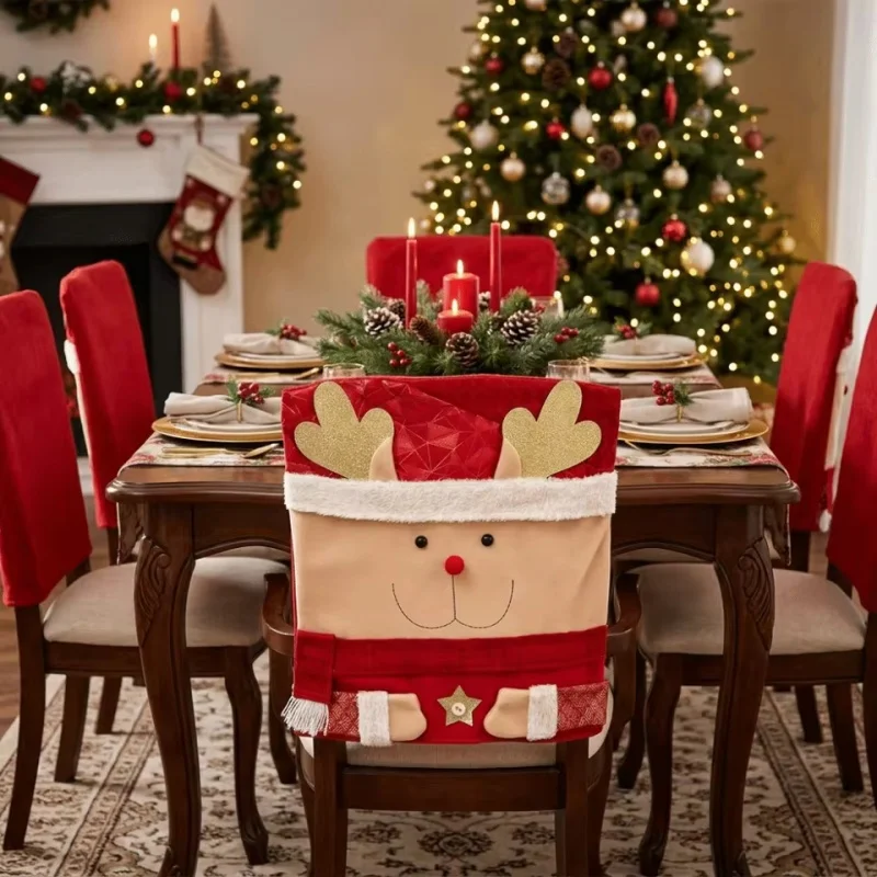 Comfortable Decorative Xmas Dinner Chair Seat Cover Cartoon Christmas Chair Covers Removable Snowman Reindeer Chair Back Cover