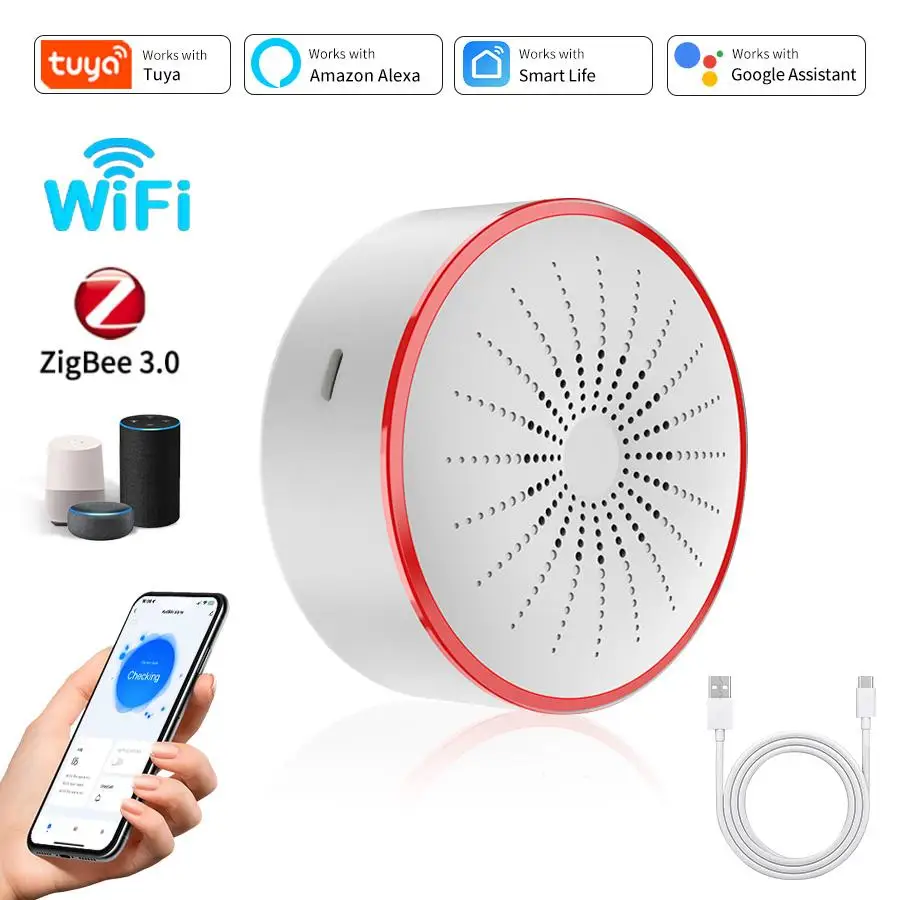 Tuya Smart Siren 85DB ZigBee WiFi Alarm Sound Light Sensor Detector Home Security Alarm App Control Works With Alexa Google Home