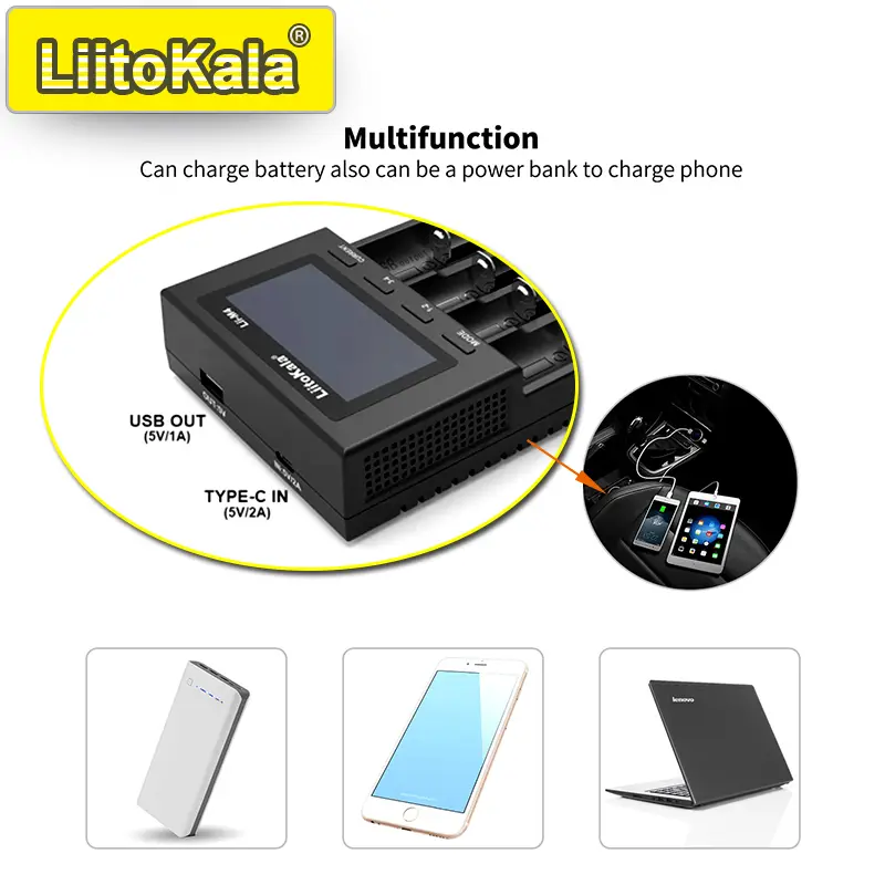 شاحن LiitoKala الذكي Lii-M4S/M4 بشاشة LCD - شحن سريع مع كشف تلقائي وحماية متعددة مدخل USB-C لـ 18650/AA/AAA - 6