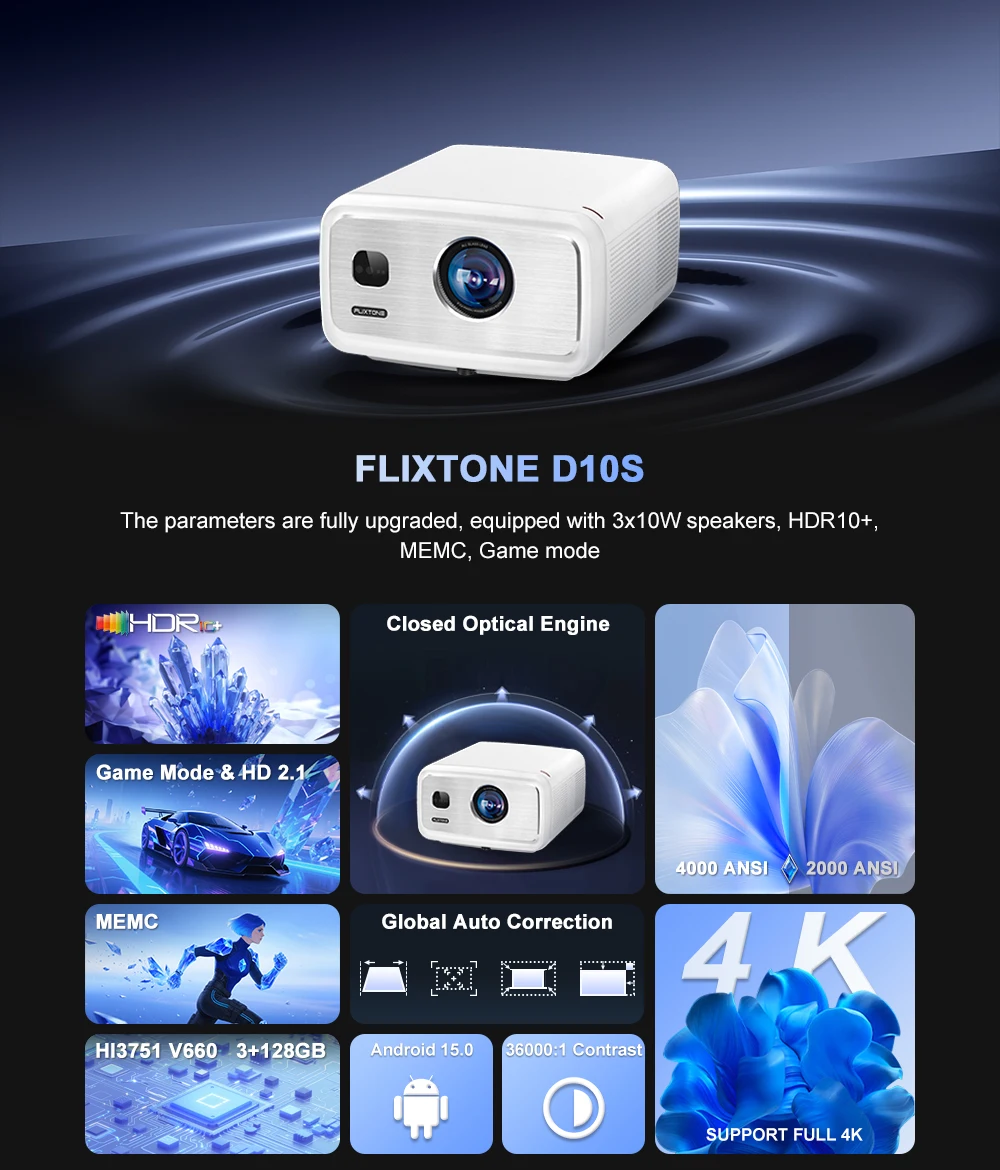 Flixtone D10S Projector 1080P Projector Supporting 4K with V660 Chip MEMC Auto Focus